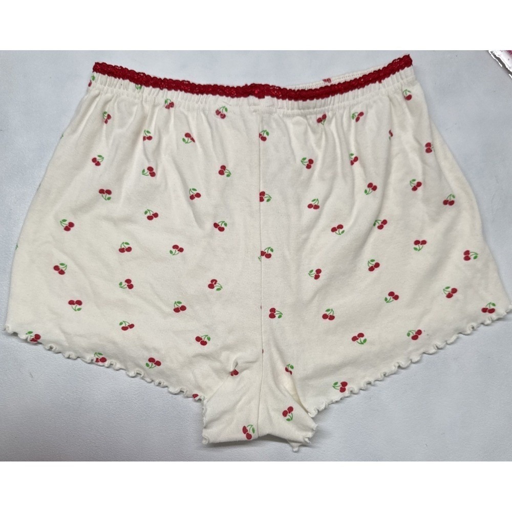 Love & Lazy Days Cherry Print Pajama Shorts Cream Red Lace Trim Coquette Large
